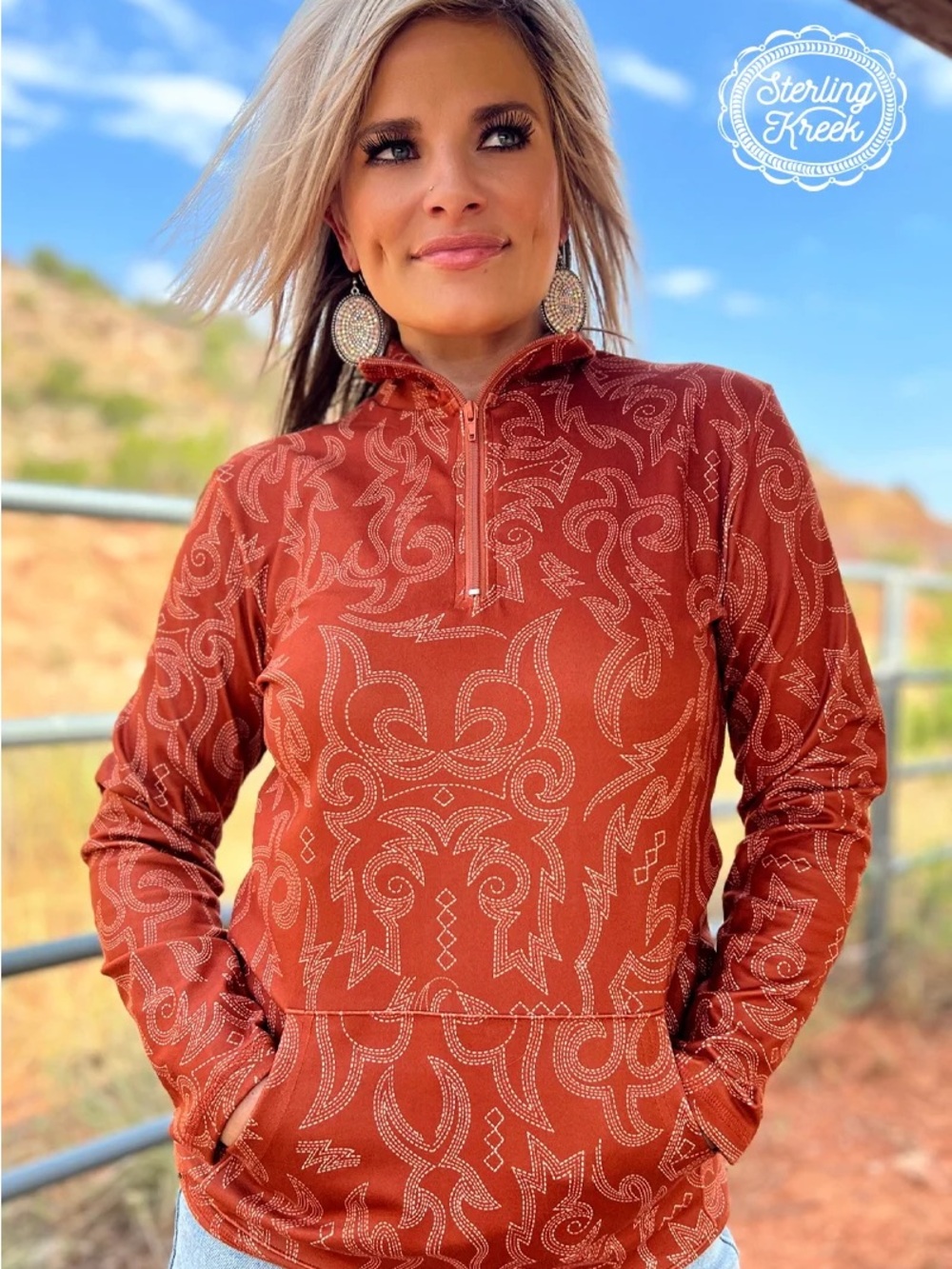 Rustic Ranch Quarter-Zip Pullover Top - Burnt Orange